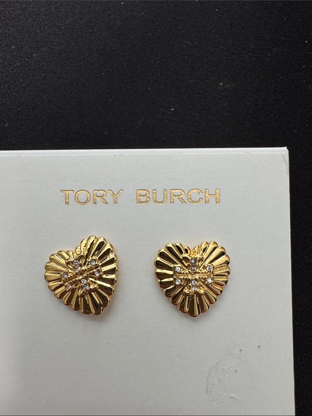 Tory Burch Gold Heart Sunburst Crystal Stud Earrings